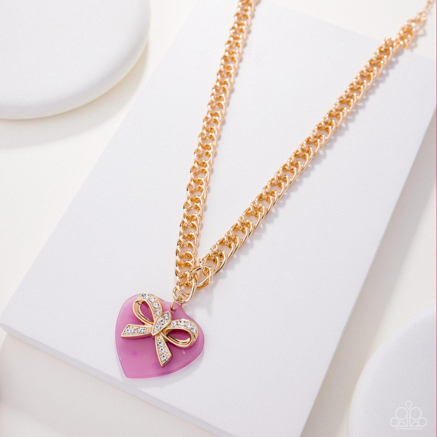 Coquette Cameo - Pink Acrylic Heart/Gold Bow Pendant Paparazzi Necklace & matching earrings