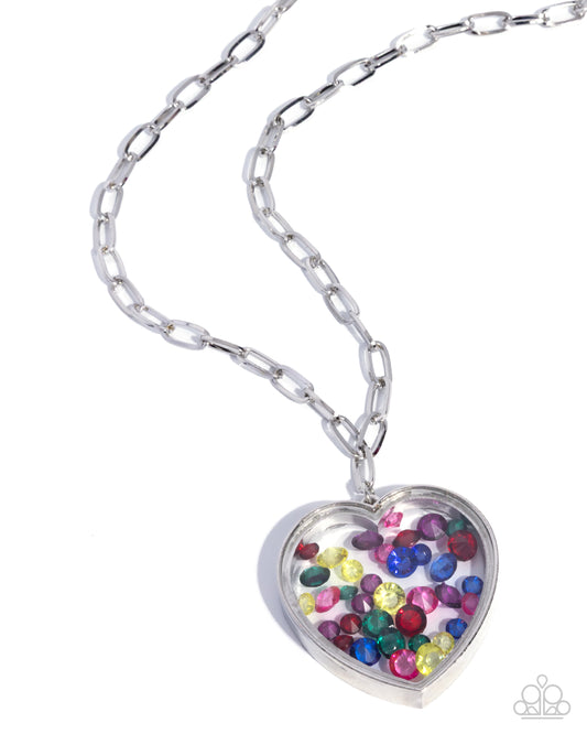 Cupid Collection - Multicolored Gem Beads/Oversized Silver Heart Pendant Paparazzi Necklace & matching earrings