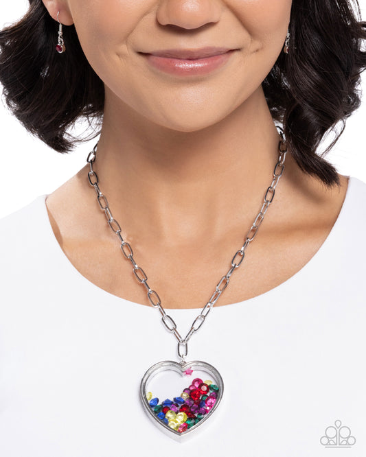 Cupid Collection - Multicolored Gem Beads/Oversized Silver Heart Pendant Paparazzi Necklace & matching earrings