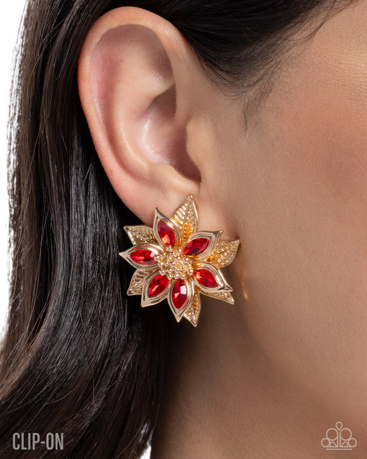 Perceptive Poinsettia - Red & Gold Poinsettia Paparazzi CLIP-ON Earrings