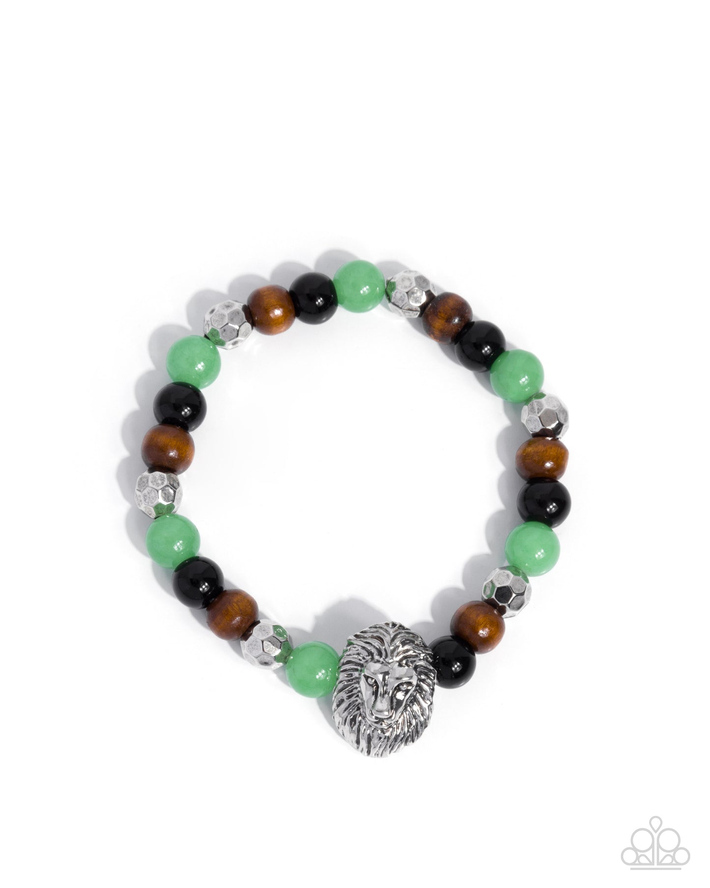 Lion Lockdown - Green/Black Stone Beads & Silver Lion Pendant Paparazzi Stretch Bracelet