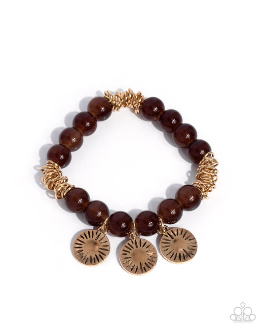 Daring Discs - Brown Beads/Gold Sunburst-Inspired Discs Paparazzi Stretch Bracelet