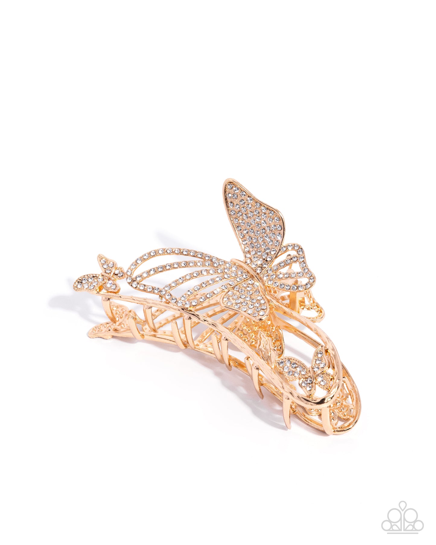 Butterfly Banter - Gold & White Rhinestone Butterfly Paparazzi Hair Claw