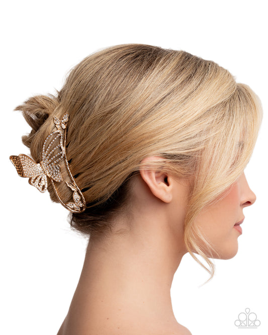 Butterfly Banter - Gold & White Rhinestone Butterfly Paparazzi Hair Claw