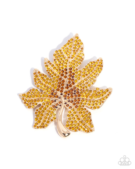 Autumnal Accent - Gold-Stemmed Leaf/Topaz Rhinestones Paparazzi Brooch
