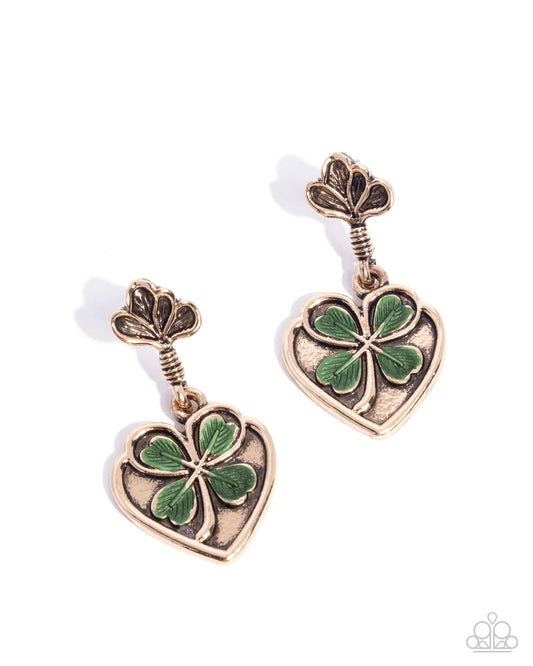 Confident Clover - Green Clover/Gold Heart Paparazzi Earrings