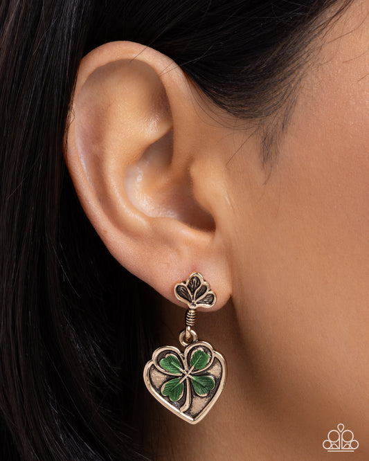 Confident Clover - Green Clover/Gold Heart Paparazzi Earrings