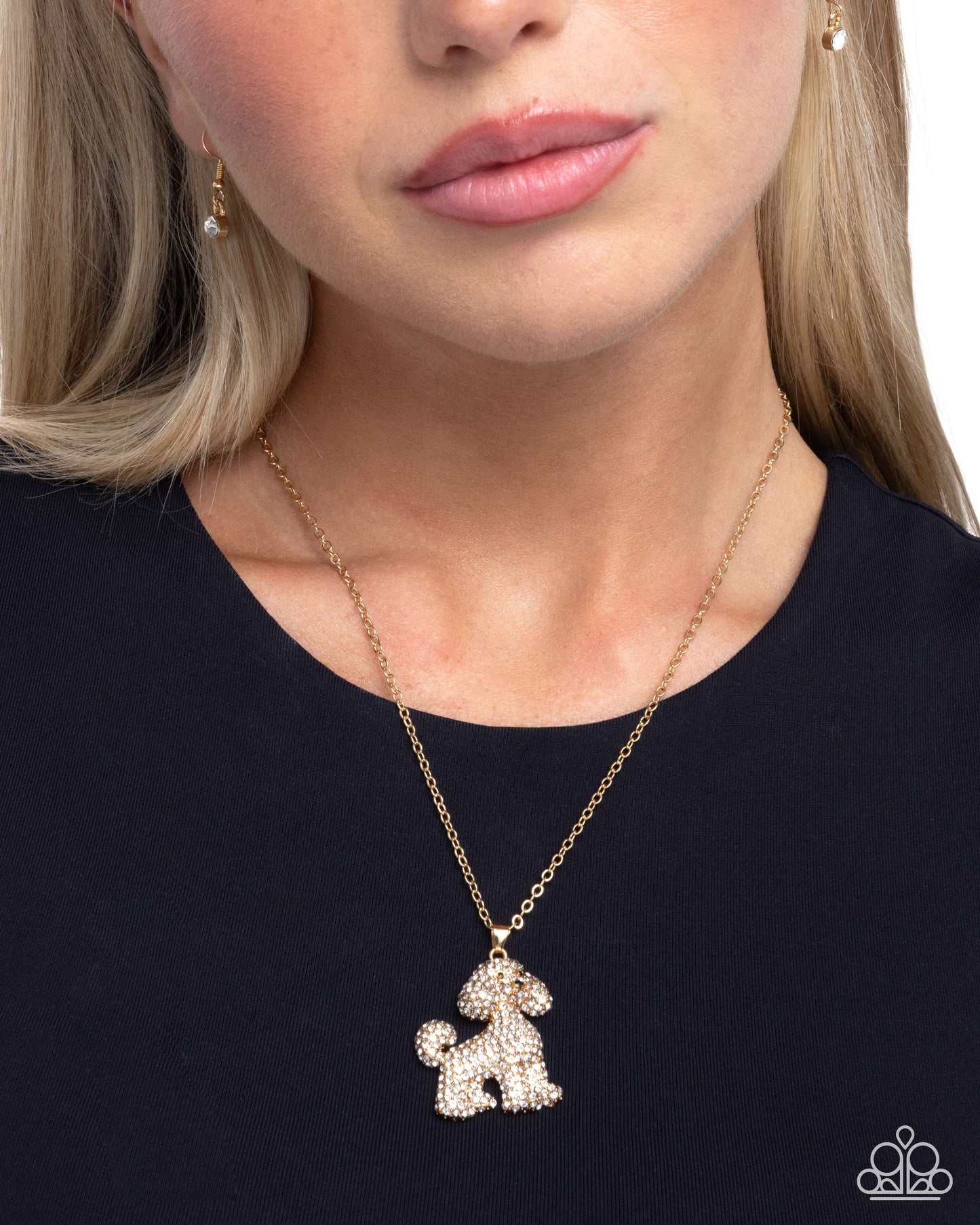 Particular Poodle - Gold/White Rhinestone Poodle Pendant Paparazzi Necklace & matching earrings
