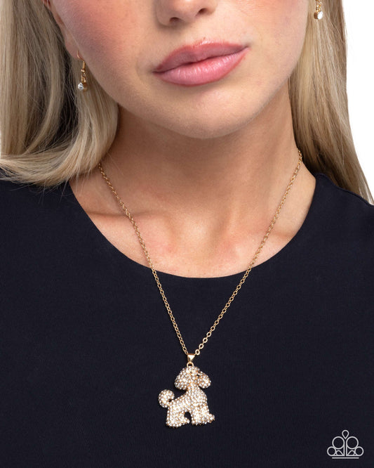 Particular Poodle - Gold/White Rhinestone Poodle Pendant Paparazzi Necklace & matching earrings