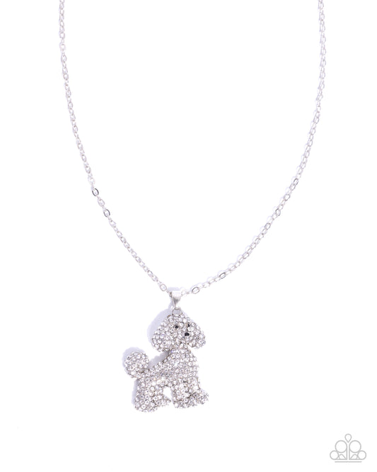Particular Poodle - White Rhinestone Embellished Silver Poodle Pendant Paparazzi Necklace & matching earrings