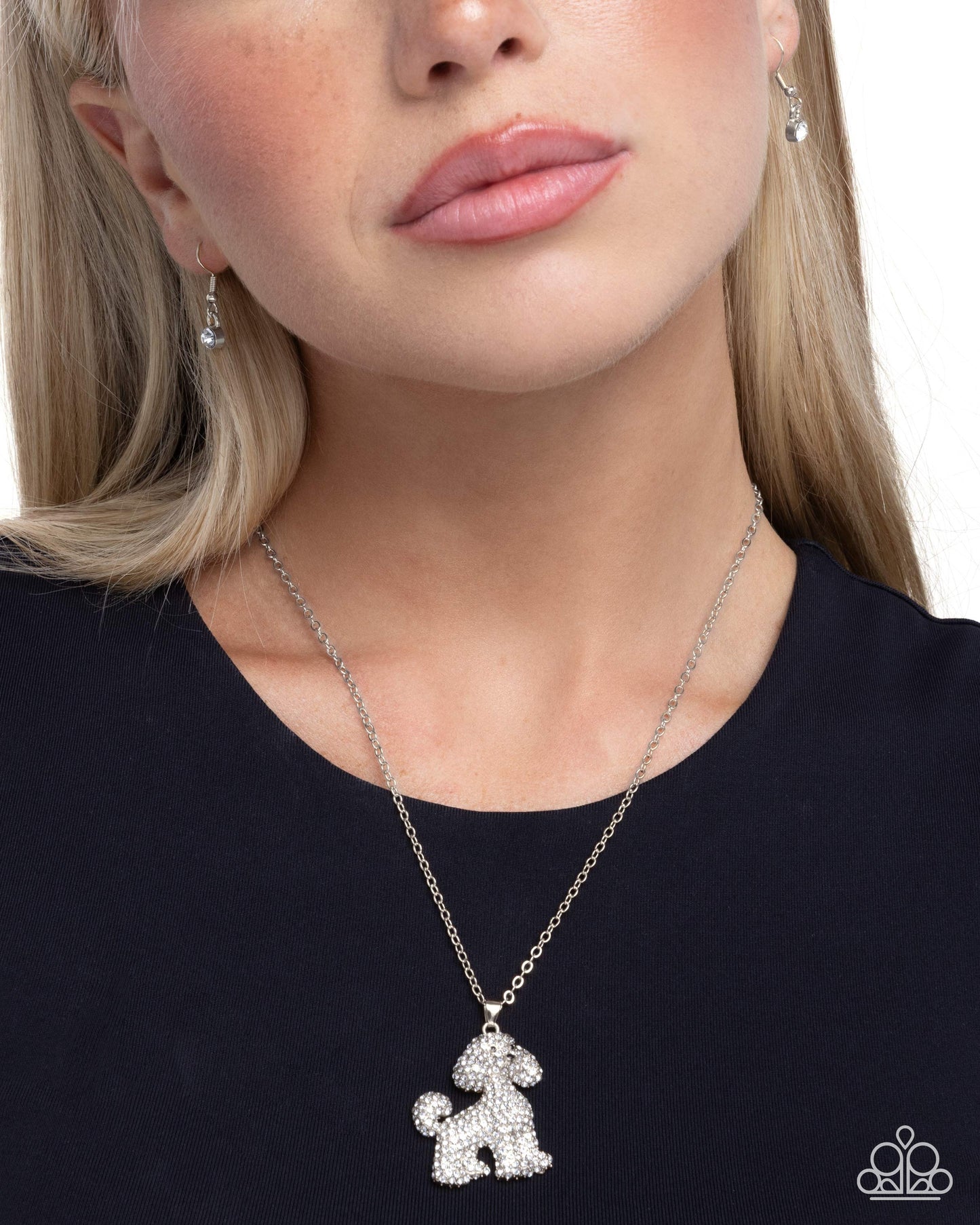Particular Poodle - White Rhinestone Embellished Silver Poodle Pendant Paparazzi Necklace & matching earrings