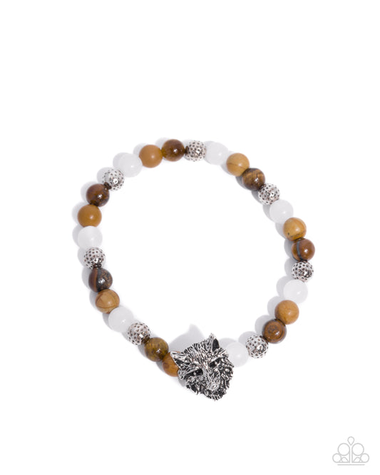 Alphas Claim - Brown/White/Silver/Tiger's Eye Beads & Silver Wolf Paparazzi Stretch Bracelet