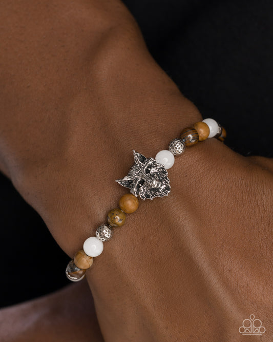 Alphas Claim - Brown/White/Silver/Tiger's Eye Beads & Silver Wolf Paparazzi Stretch Bracelet