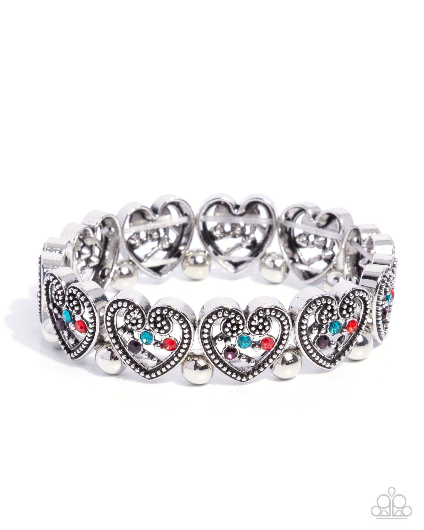 Historic Heartthrob - Multicolored Rhinestone Embellished Silver Hearts Paparazzi Stretch Bracelet