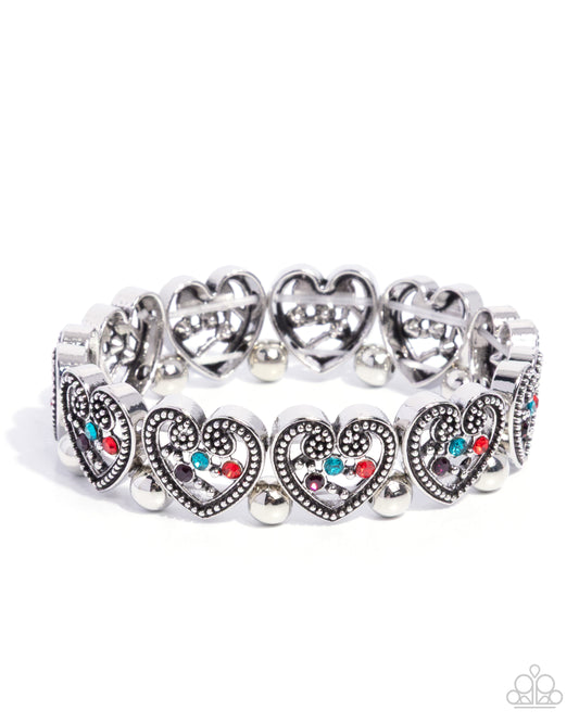 Historic Heartthrob - Multicolored Rhinestone Embellished Silver Hearts Paparazzi Stretch Bracelet
