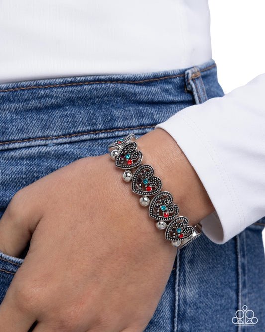 Historic Heartthrob - Multicolored Rhinestone Embellished Silver Hearts Paparazzi Stretch Bracelet