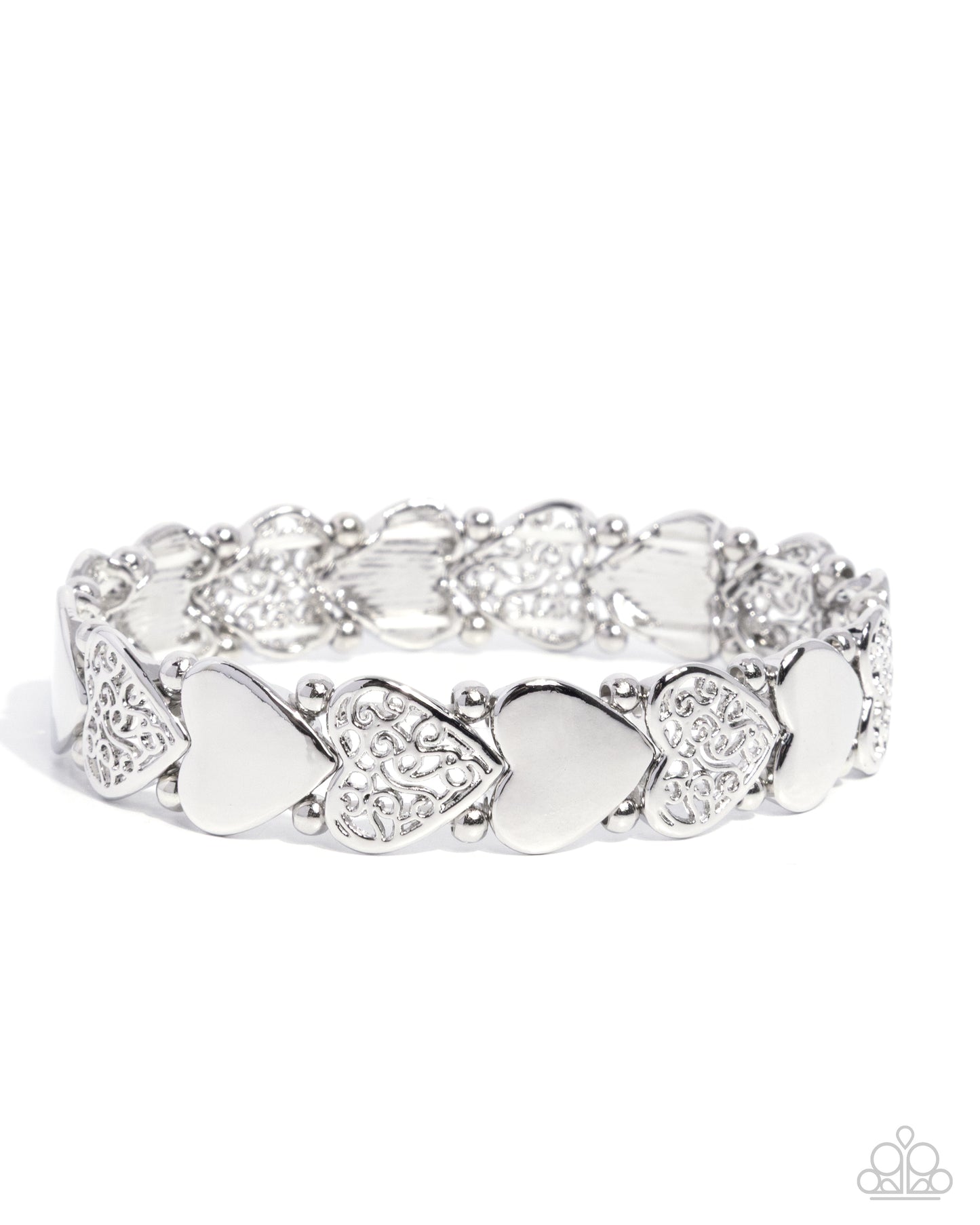 Handcrafted Heartthrob - Silver Filigree Hearts & Silver Solid Hearts Paparazzi Stretch Bracelet