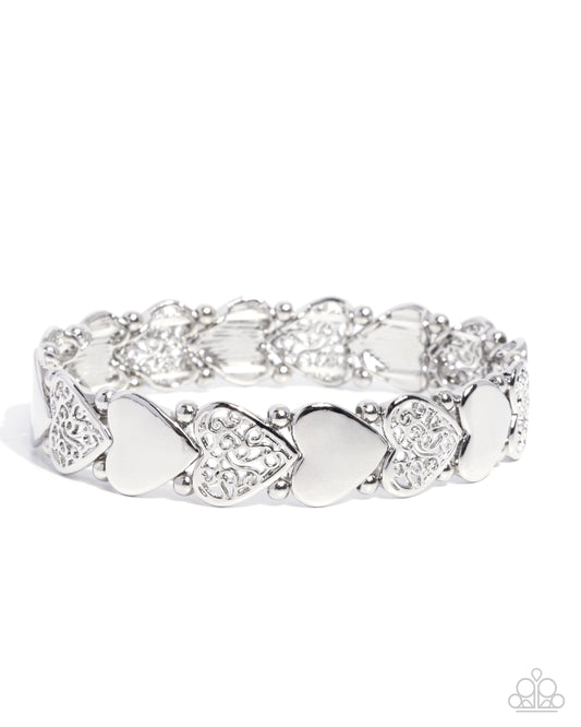 Handcrafted Heartthrob - Silver Filigree Hearts & Silver Solid Hearts Paparazzi Stretch Bracelet