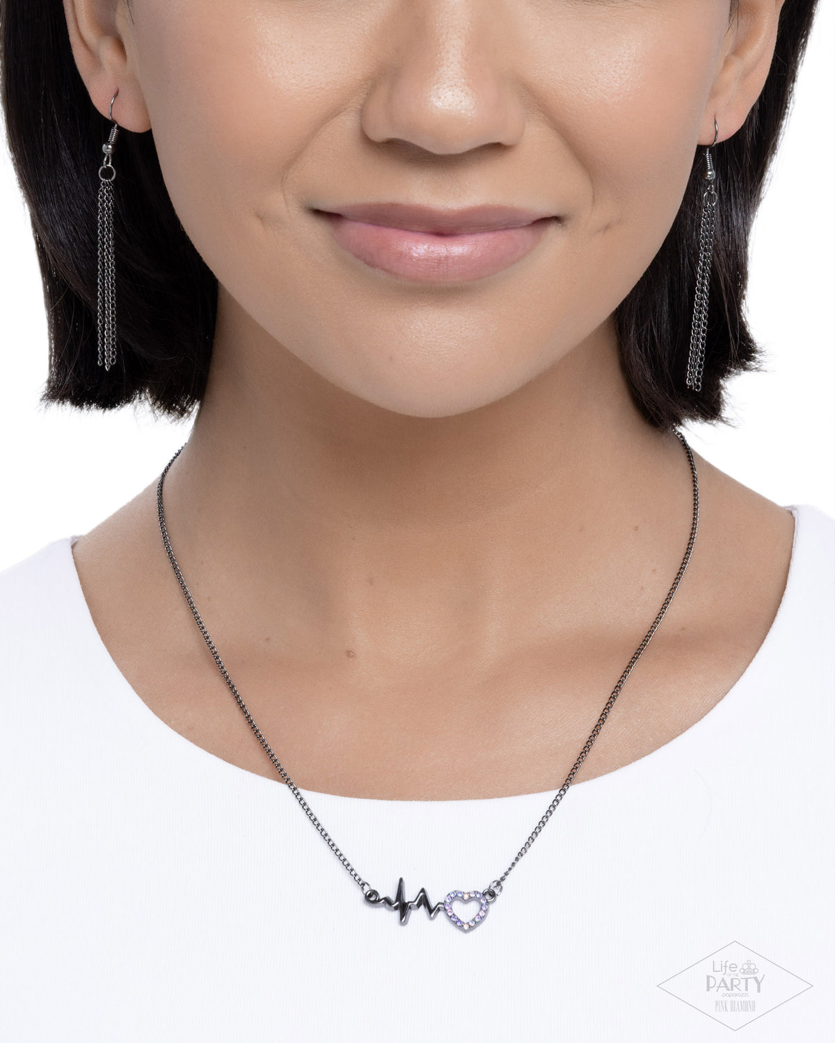 HEARTBEAT Street - Purple Rhinestone Embellished Heart/Gunmetal Wavy Bar Paparazzi Necklace & matching earrings