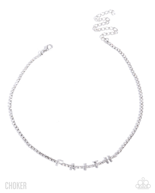 Favorable Faith - White Rhinestones/Silver "FAITH" Paparazzi Choker Necklace & matching earrings