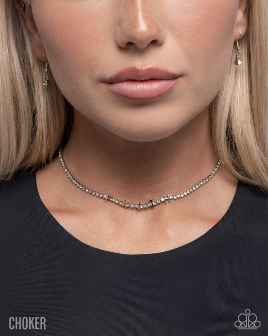 Favorable Faith - White Rhinestones/Silver "FAITH" Paparazzi Choker Necklace & matching earrings