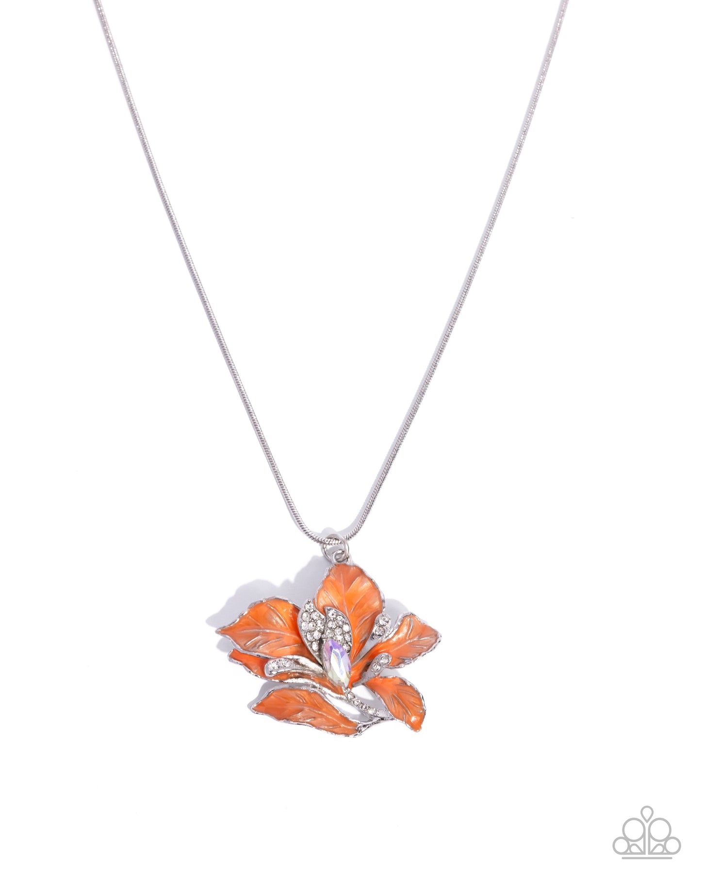 Autumnal Alliance - Orange/White Rhinestone Leaves Pendant Paparazzi Necklace & matching earrings