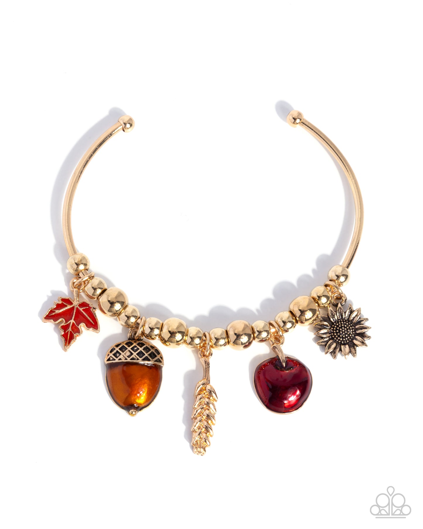 Harvest Habit - Gold Cuff & Thanksgiving Themed Charms Paparazzi Bracelet