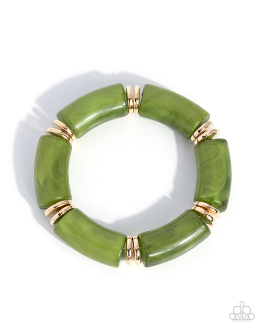 Photo Ready - Green Curved Acrylic & Gold Discs Paparazzi Stretch Bracelet
