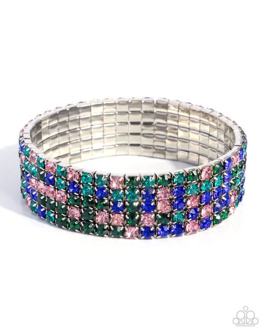 Shimmery Sequence - Green, Pink, & Blue Rhinestone Paparazzi Stretch Bracelet