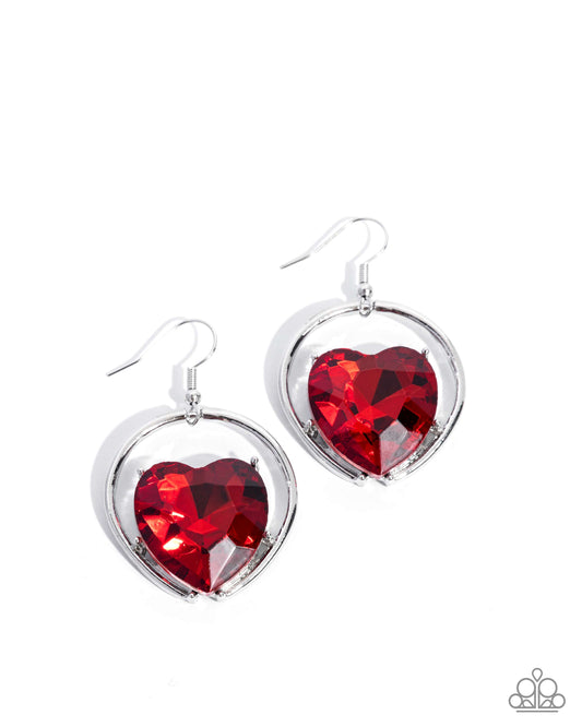 Valuable Valentines - Red Heart Gem/Silver Loop Paparazzi Earrings