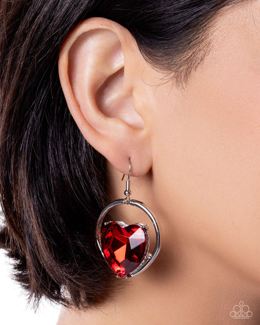Valuable Valentines - Red Heart Gem/Silver Loop Paparazzi Earrings