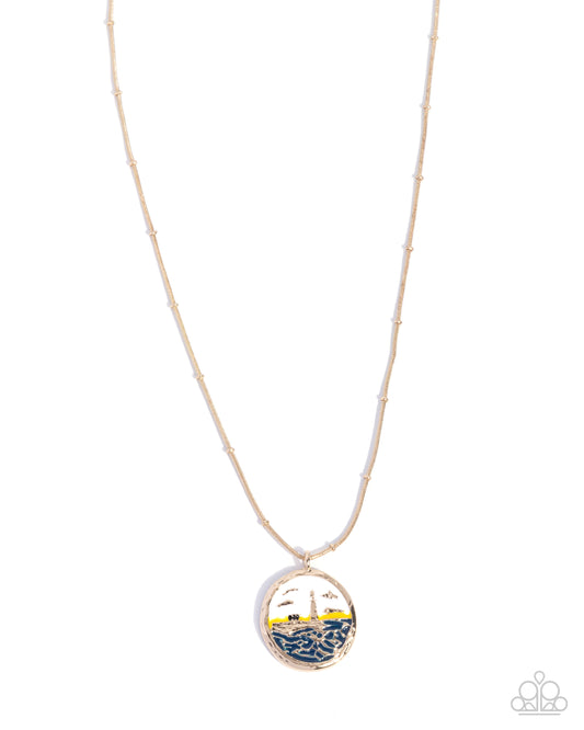 Laid-Back Lighthouse - Gold/Yellow/White/Blue Lighthouse Scene Pendant Paparazzi Necklace & matching earrings