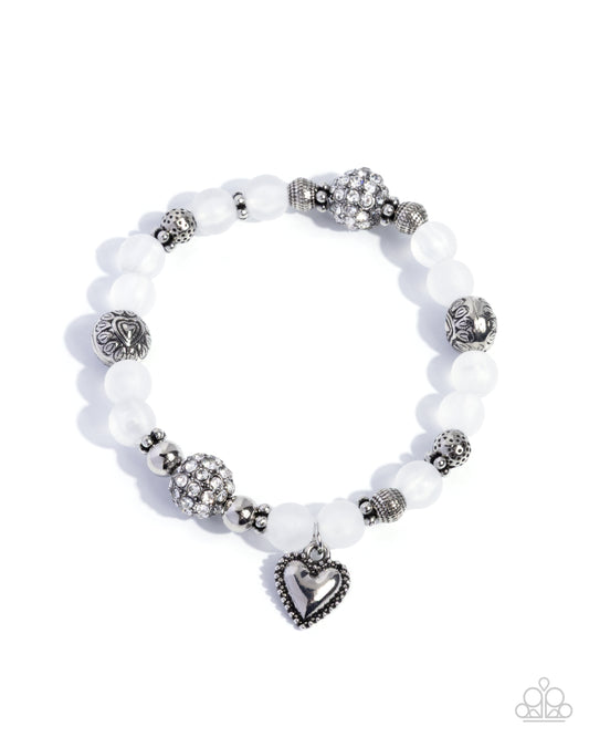 Valentines Story - White Beads/Silver Beads/Silver Heart Padlock Charm Paparazzi Stretch Bracelet