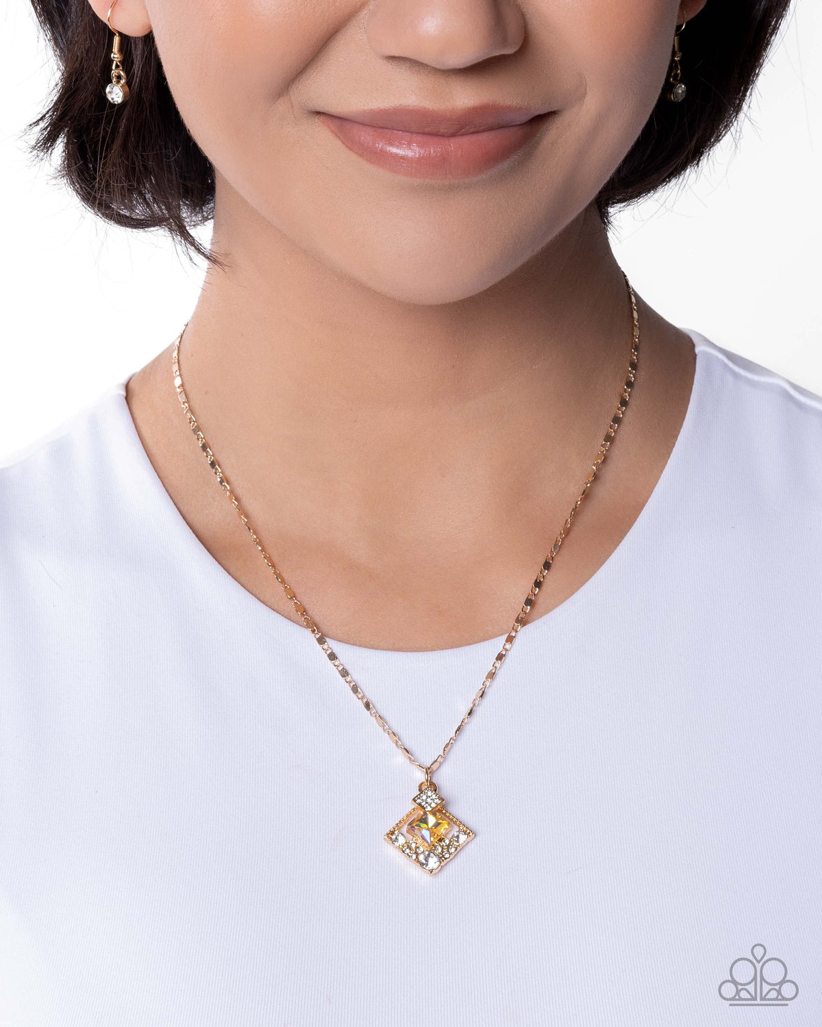 Sentimental Squares - Yellow/White Gem Embeliished Gold Pendant Paparazzi Necklace & matching earrings