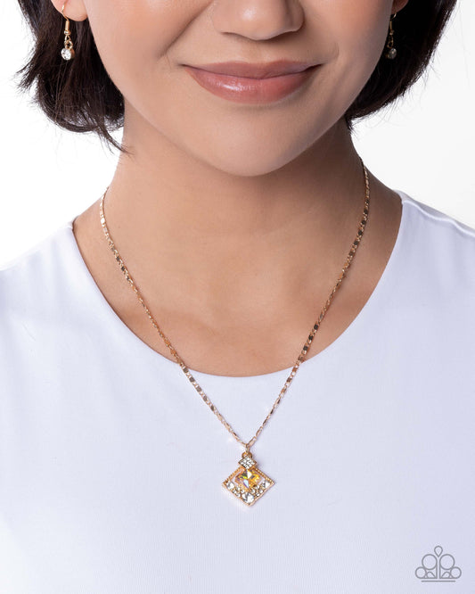 Sentimental Squares - Yellow/White Gem Embeliished Gold Pendant Paparazzi Necklace & matching earrings
