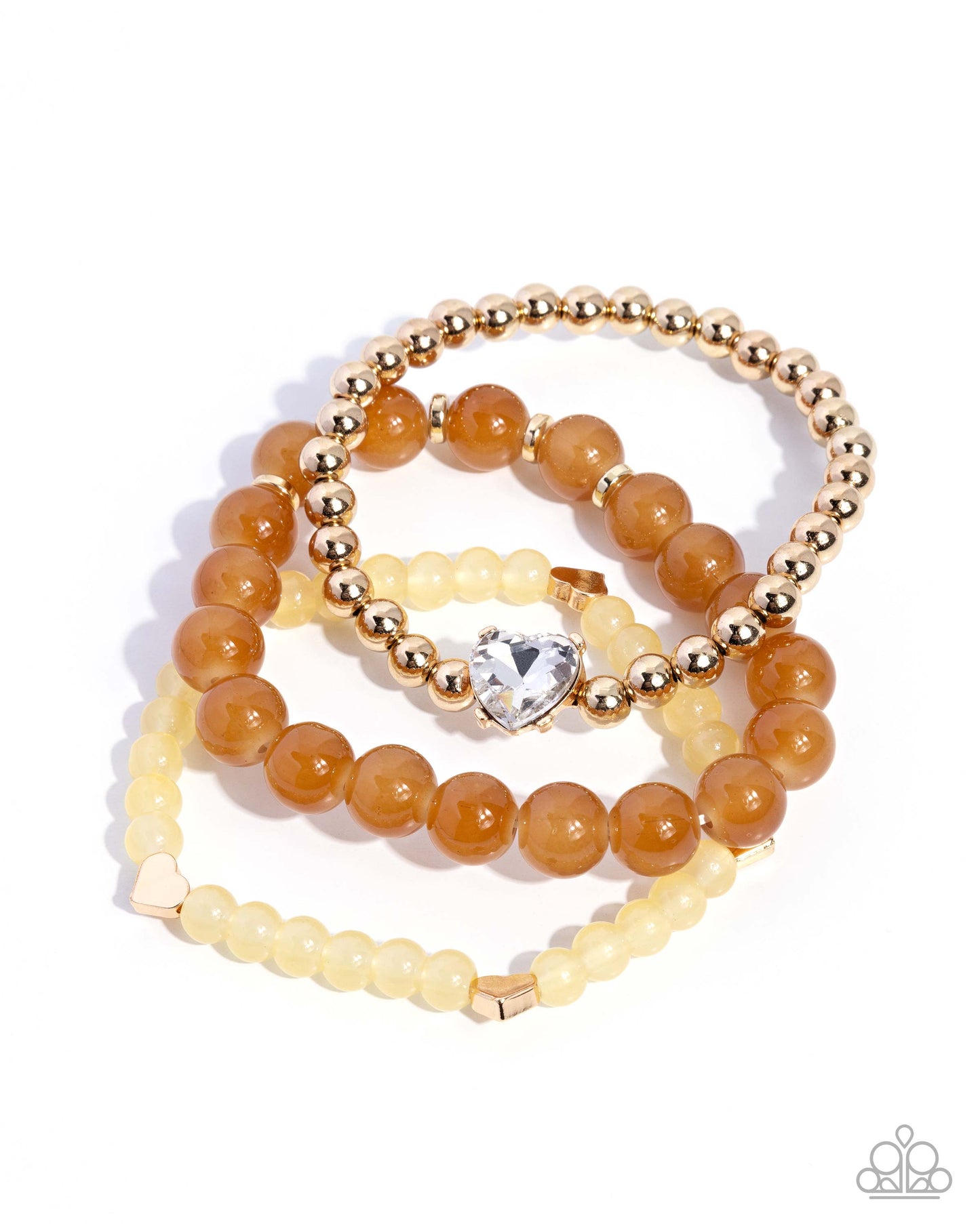 Imperial Impression - Brown & Gold Beads/White Gem Heart Set of 3 Paparazzi Stretch Bracelets