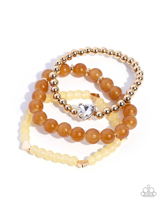 Imperial Impression - Brown & Gold Beads/White Gem Heart Set of 3 Paparazzi Stretch Bracelets