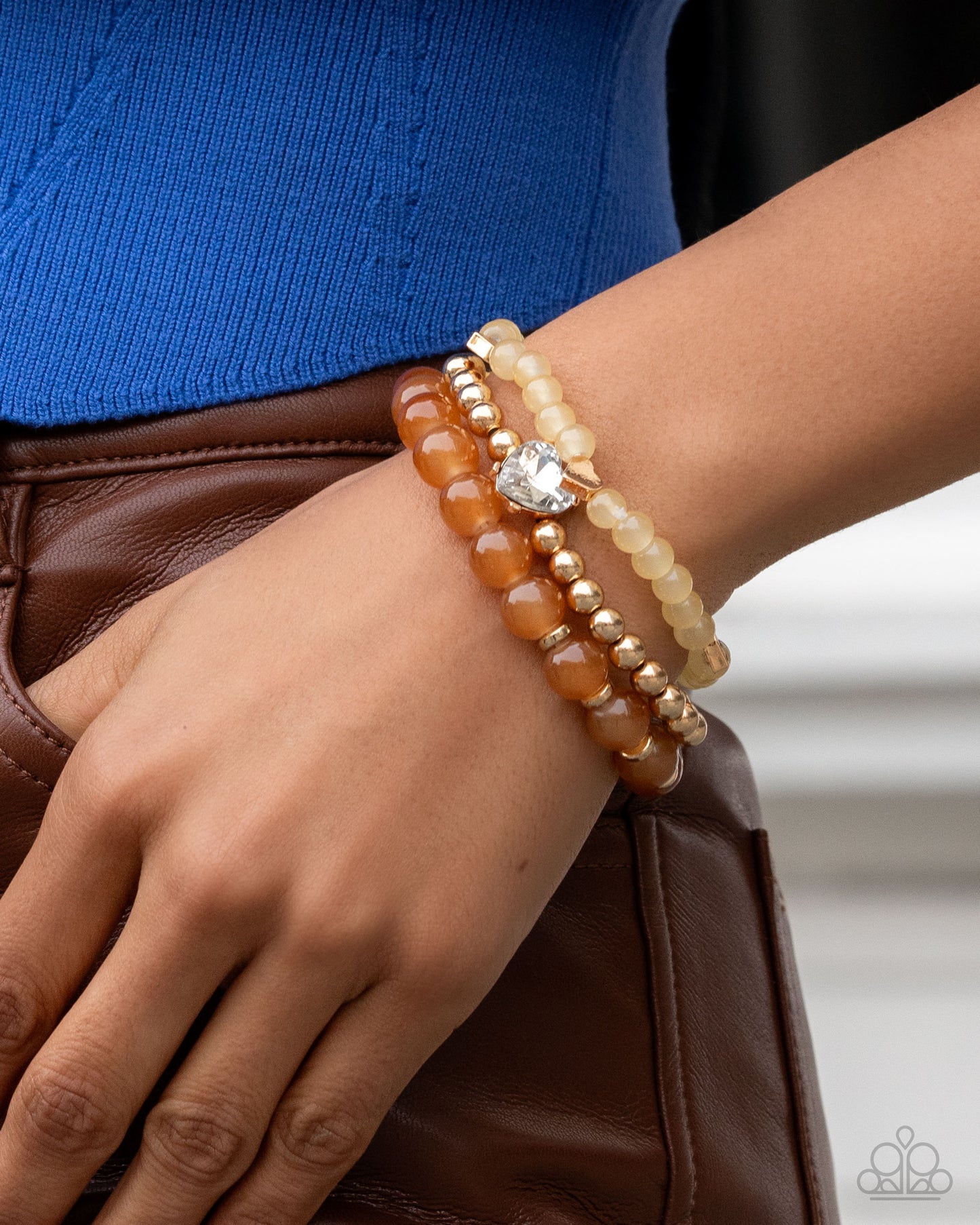 Imperial Impression - Brown & Gold Beads/White Gem Heart Set of 3 Paparazzi Stretch Bracelets