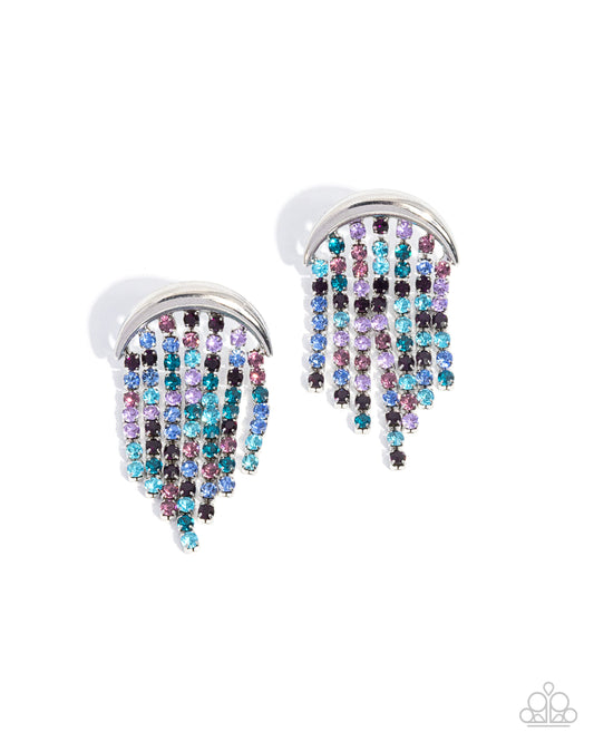 Fractal Fringe - Multicolored Rhinestone Fringe/Silver Crescent Bar Paparazzi Post Earrings