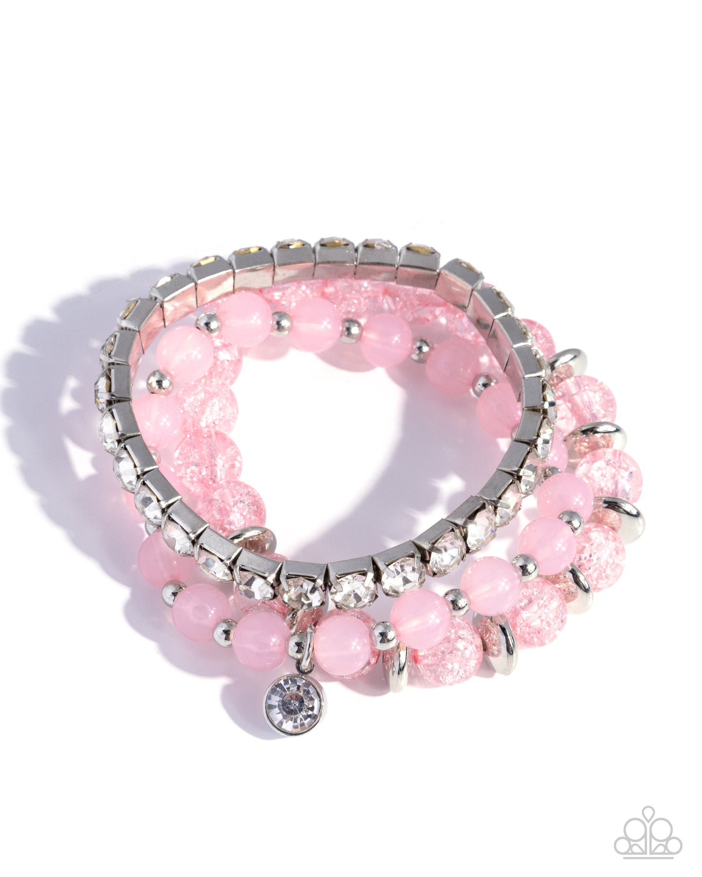 Shattered Style - Pink Crackle Beads/Silver Discs/White Gems Set of 3 Paparazzi Stretch Bracelets