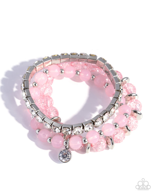 Shattered Style - Pink Crackle Beads/Silver Discs/White Gems Set of 3 Paparazzi Stretch Bracelets