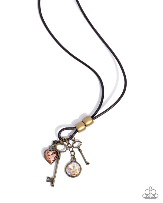 Elegance Unlocked - Brass Keys/Heart Padlock Charms Paparazzi Necklace & matching earrings