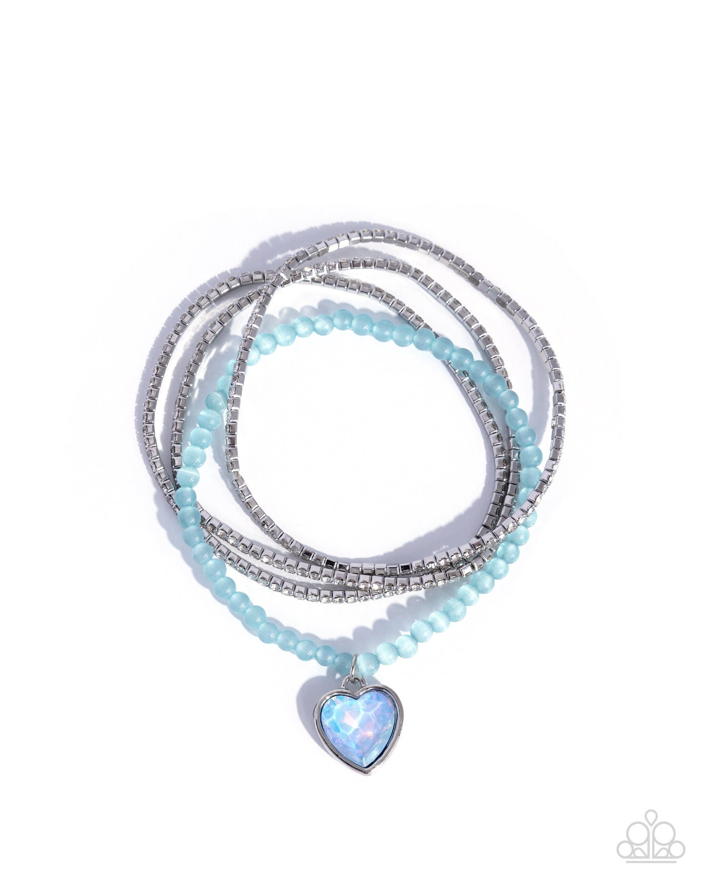 Mass Matchmaking - Blue Cat's Eye Beads/Blue Heart Gem/White Rhinestones Paparazzi Stretch Bracelets