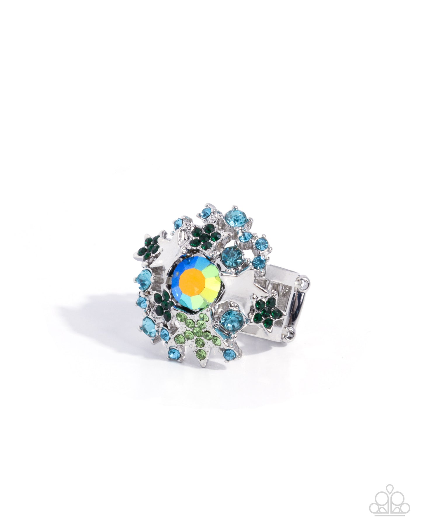 Seize the Galaxy - Green Iridescent Rhinestones/Silver Stars Paparazzi Ring