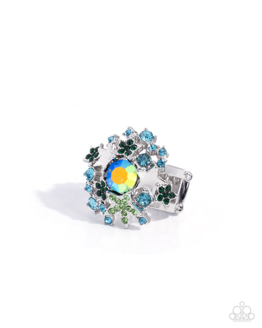 Seize the Galaxy - Green Iridescent Rhinestones/Silver Stars Paparazzi Ring