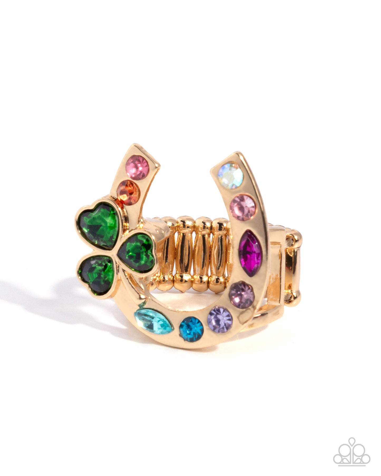 Lucid Luck - Multicolored Rhinestone Embellished Gold Horseshoe & Green Gem Clover Paparazzi Ring