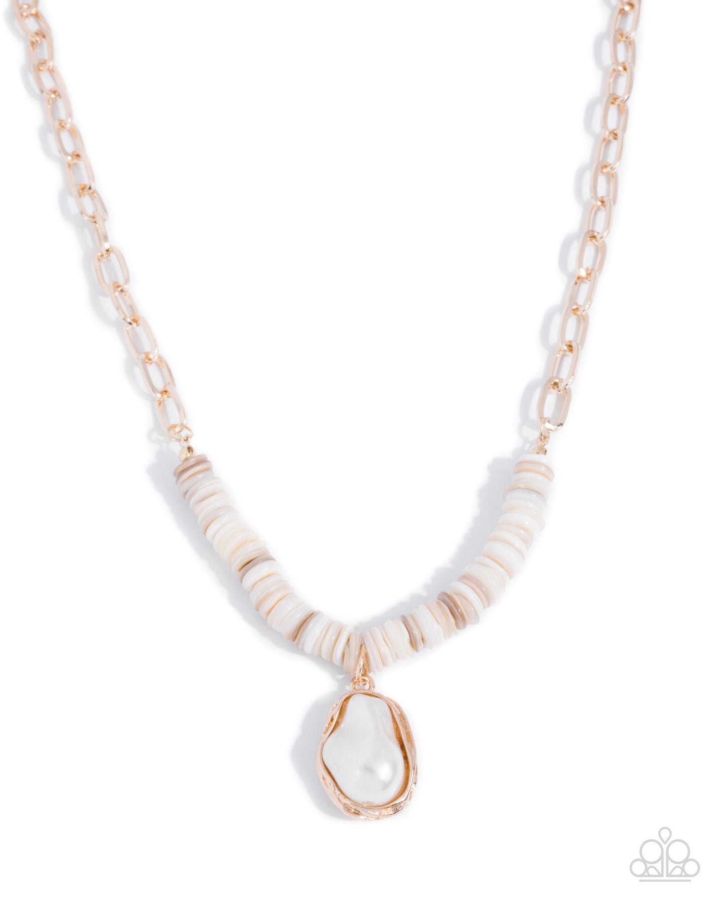 Coastal Cause - Gold Paperclip Chain/White Shells/White Pearl Paparazzi Necklace & matching earrings