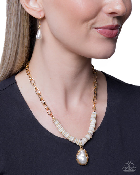 Coastal Cause - Gold Paperclip Chain/White Shells/White Pearl Paparazzi Necklace & matching earrings