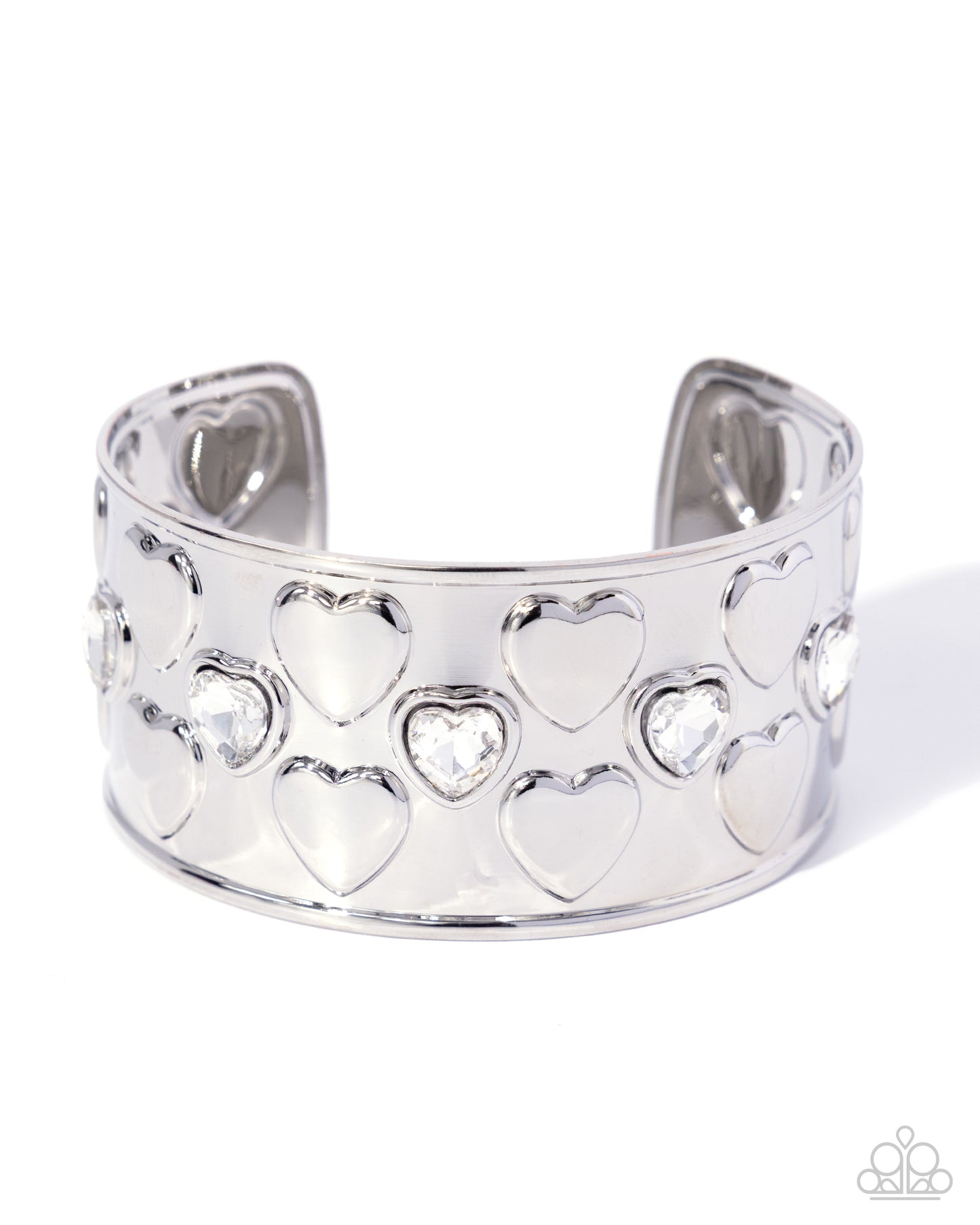 Loveable Labor - White Gem Hearts/Silver Heart Embossed Cuff Paparazzi Bracelet