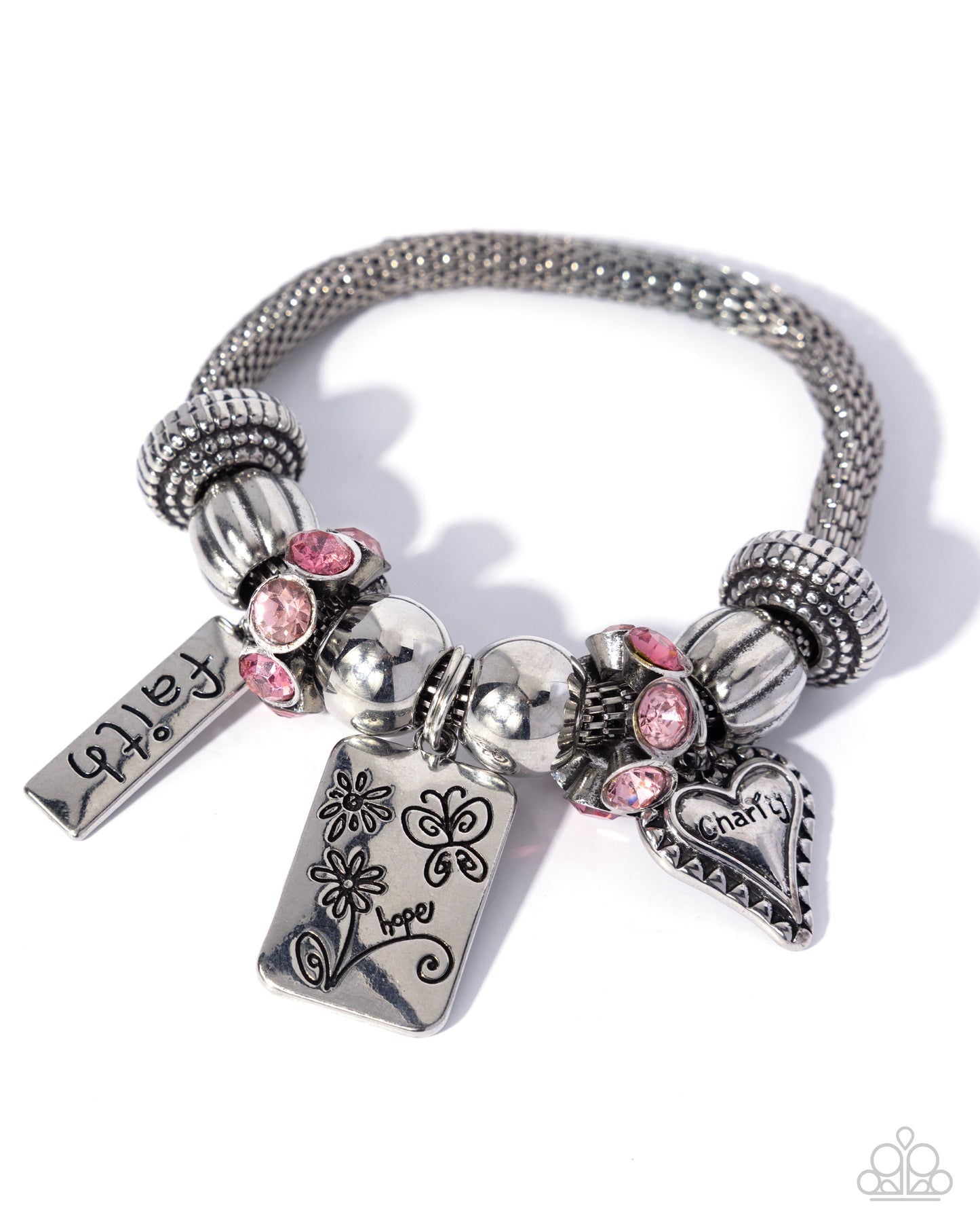 Hopeful Hangout - Pink Rhinestones/Silver Inspiring Pendants Paparazzi Stretch Bracelet